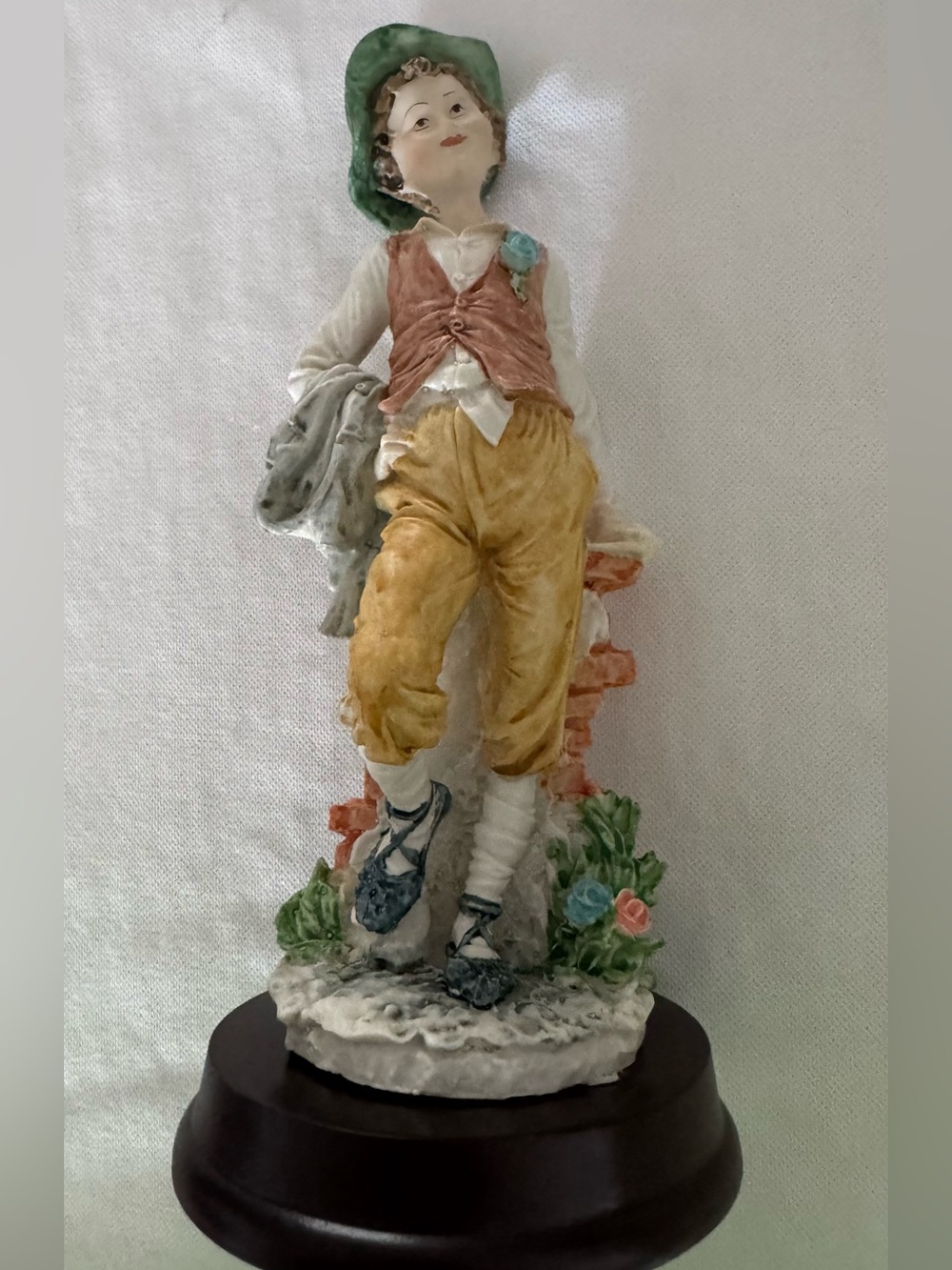 Vintage Boy Figurine with Hat and Vest on Base Capodimonte Italian porcelain